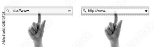 Set of Hand pressing a virtual browser address bar isolated on transparent background with vintage newspaper print texture. Concept of internet navigation, website search and online technology