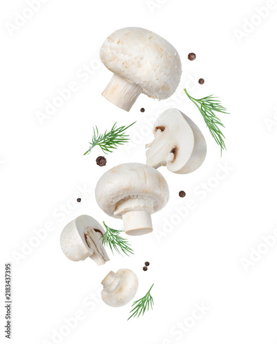 Champignons with allspice and dill close-up isolated on a white background