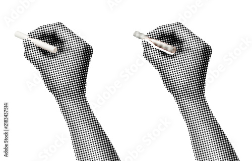 Set of Hand holding a piece of chalk writing, isolated on transparent background with vintage newspaper texture. Concept of education, teaching, learning and retro media style