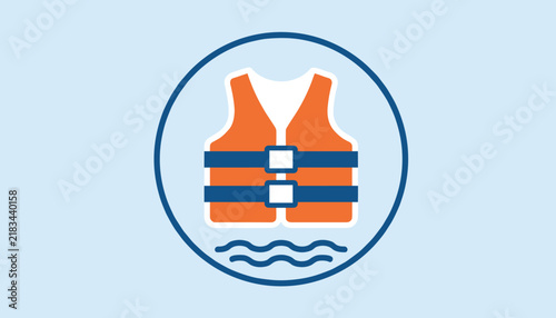 Safety first concept featuring an orange life jacket icon with water waves inside a blue circular frame.