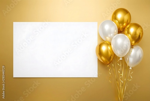 Golden background with blank frame and balloons