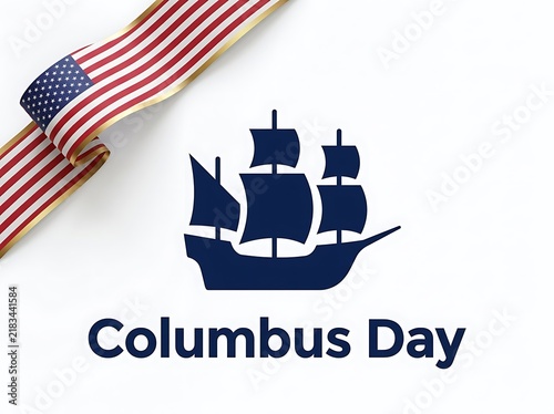 Columbus day banner with us flag and sailing ship isolated on white background