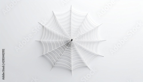 White spider web isolated on white background, top view radial pattern, Halloween decoration, spooky concept, nature symbol, arachnid trap, minimalist design