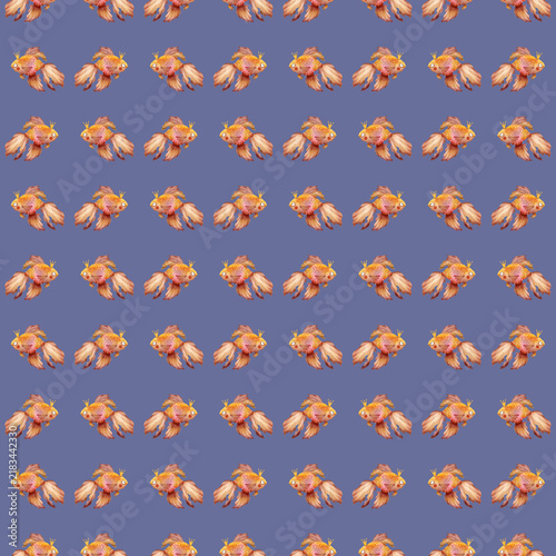 Seamless watercolor golden fish pattern with tiny golden crowns on a periwinckle background. Perfect for magical nursery decor, kids apparel, fabric printing, wrapping paper, and cute stationery.