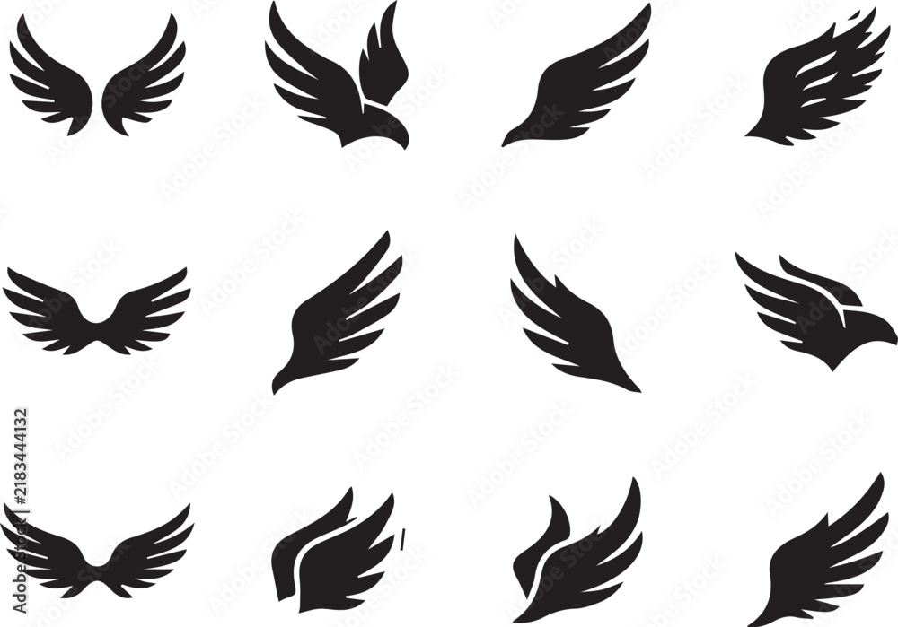 Fototapeta premium Stylized Bird Wings And Feathered Flight Black Vector Set