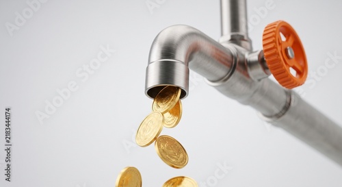 Golden coins falling from a metal water faucet with orange valve on white background, financial cash flow concept.
