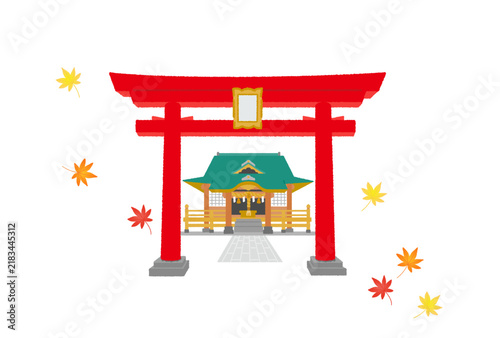 紅葉舞う秋の神社のベクターイラスト