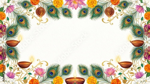 A vibrant and ornate diwali frame featuring traditional oil lamps flowers and festive decorations creating a warm ambiance