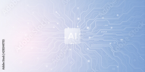 Advanced circuit board with semiconductor chip creating futuristic microchip design. Glowing pathways extend from central processor, forming intricate digital patterns against white backdrop