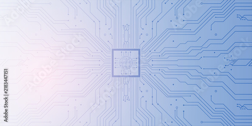 Advanced circuit board with semiconductor chip creating futuristic microchip design. Glowing pathways extend from central processor, forming intricate digital patterns against white backdrop