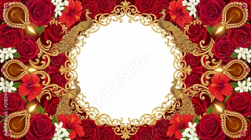 An ornate golden frame with floral embellishments set against a rich deep red background creating a luxurious aesthetic