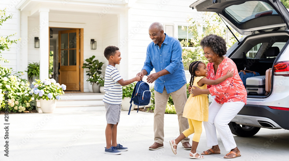 Fototapeta premium Black grandparents welcoming grandchildren arriving by car with luggage for family visit