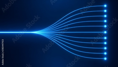 Glowing blue light beam splitting into multiple branches representing fiber optic data distribution and network routing concept