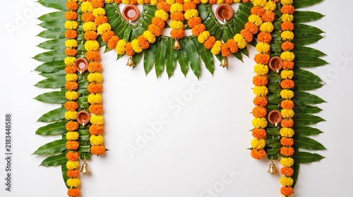 A vibrant and colorful indian floral garland traditionally used for festive decorations and religious ceremonies showcasing cultural richness