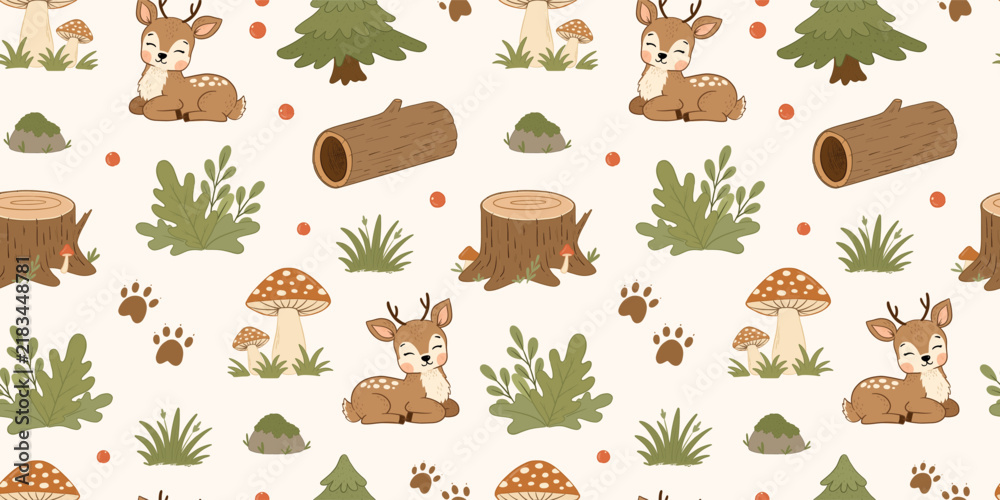 Obraz premium Cute woodland doodles and autumn seamless pattern for nursery prints, wrapping papers, backgrounds, stationery, wallpapers, textile, etc. EPS 10