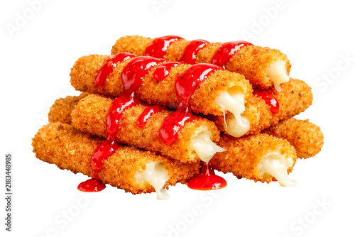 Crispy Mozzarella Cheese Sticks Topped with Sweet Red Chili Sauce and Garnish
