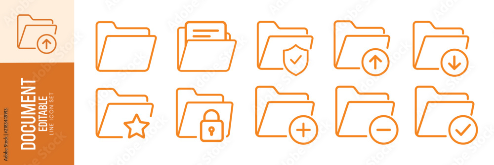 Fototapeta premium Folders flat line icons set. File catalog, document vector set, editable