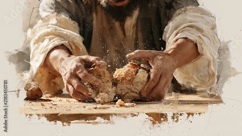 Jesus’ Hands Breaking Bread, Dramatic Cinematic Watercolor Illustration for Christian Faith Publishing