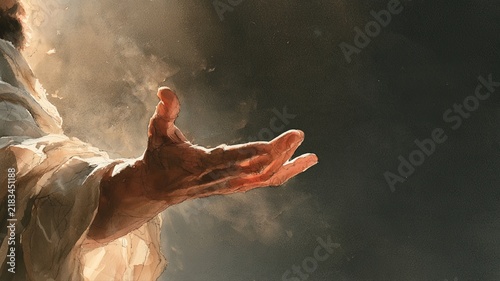 Jesus' Hand Raised in Blessing, Dramatic Cinematic Watercolor Illustration with Devotional Atmosphere