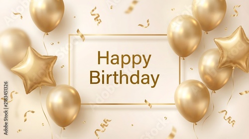 Elegant golden happy birthday banner with balloons confetti and frame