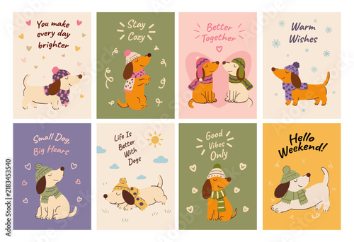 Christmas greeting card collection with cute dogs wearing cozy knitted hats and scarves, cheerful winter illustrations, hearts and snowflakes, warm festive atmosphere, playful hand-drawn style, colorf