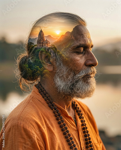 spiritual double exposure of meditating sadhu with hindu temple at sunset
