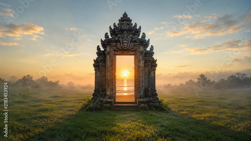 mystical Balinese gate portal facing a surreal ocean sunrise on a misty green meadow