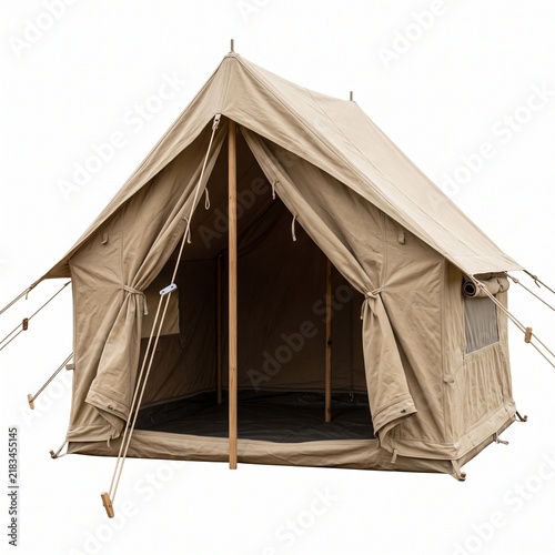 Open beige canvas camping tent isolated on white background for outdoor adventure travel design