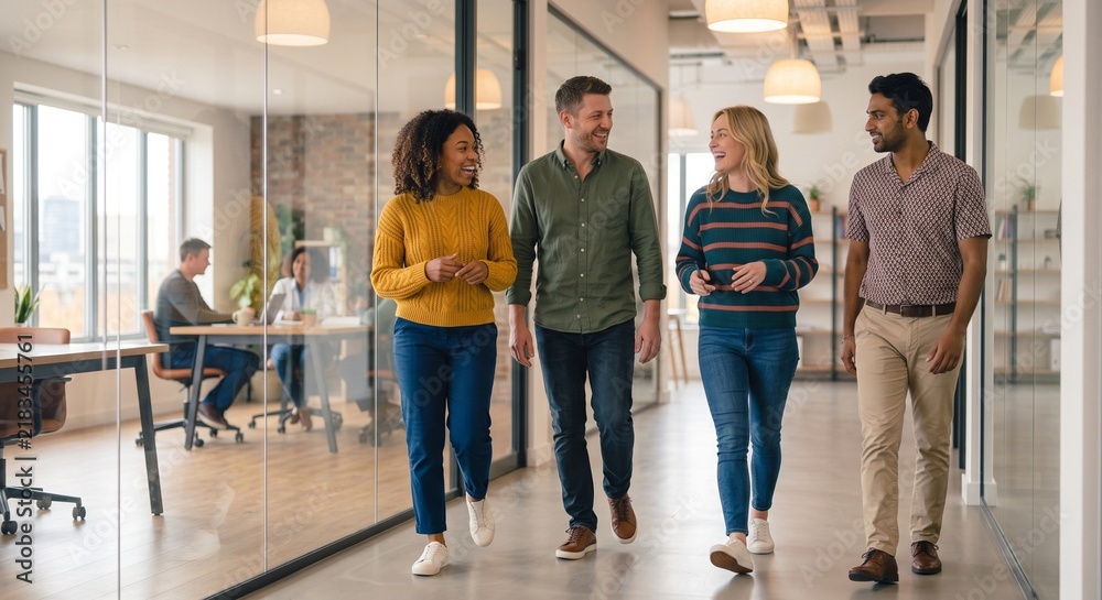 Fototapeta premium Team Walking Office Hallway Colleagues Realistic Lifestyle Photography Isolated Colorful Corporate