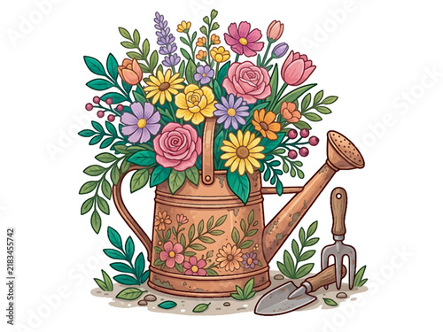 A charming illustration of a rustic watering can overflowing with a colorful bouquet of spring flowers and lush green foliage, accompanied by gardening tools.