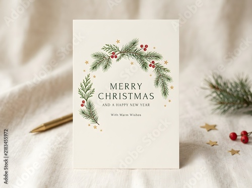 A minimalist Christmas card featuring a watercolor holly wreath on a soft textured fabric background.