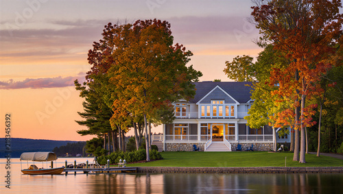 Obraz na płótnie Luxury lakefront home with autumn foliage and private pier at sunset landscape w