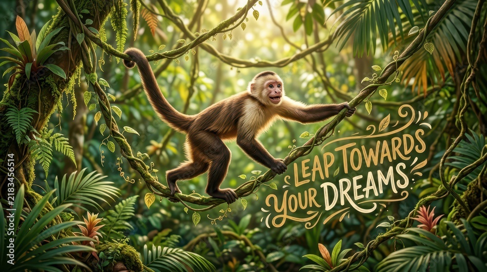 Obraz premium Capuchin Monkey Climbing Tropical Vines in Lush Rainforest with Inspirational Quote Text