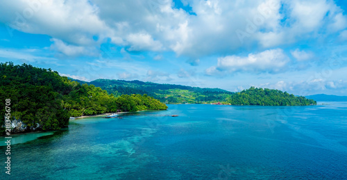The aerial view of a beautiful tropical beach  island with white sand beach, palm trees and clear blue ocean and lush green jungle