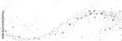 Silver star confetti wave on white background. Abstract magic stardust trail. Copy space for text