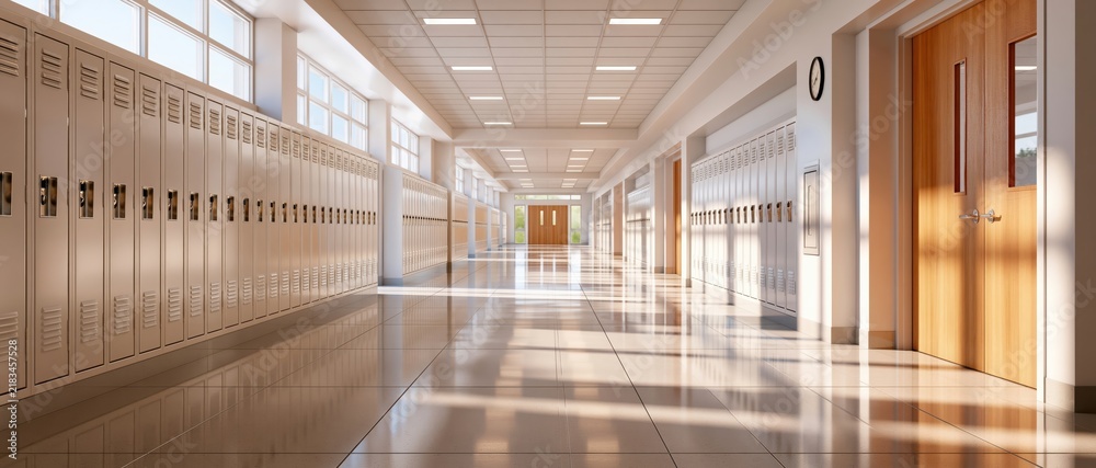 Obraz premium Empty school corridor with rows of plain lockers receding into distance