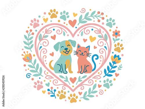 Cute cartoon dog and cat sitting together in a heart-shaped floral wreath with paw prints and hearts, symbolizing pet love and friendship.