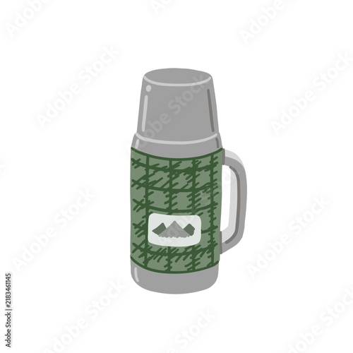 Cozy camping sage green thermos with classic plaid pattern and mountain peak sticker, isolated on white background. Hand drawing flat vector illustration. Isolated outdoor adventure clip art