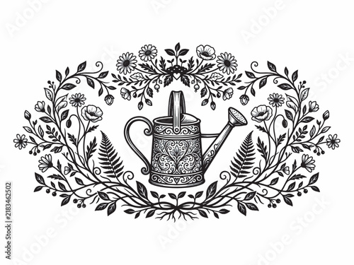 Decorative black and white illustration of a watering can filled with flowers, encircled by a beautiful botanical wreath and sprouting plants.