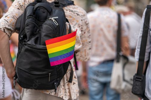 Rainbow Pride Flag Attached to Backpack at Outdoor Celebration