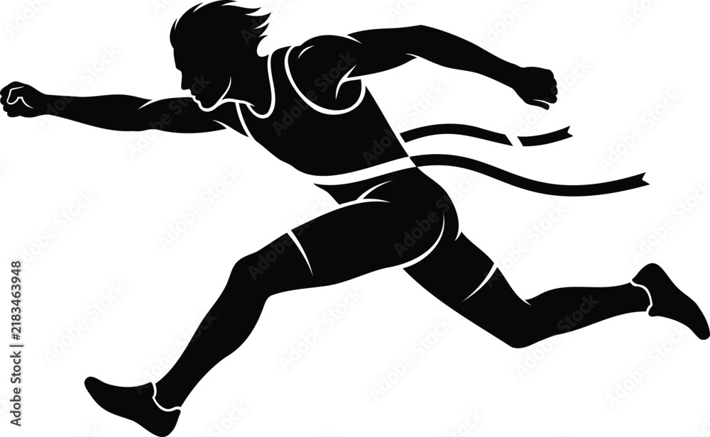 Fototapeta premium Black silhouette of a male runner crossing the finish line with a ribbon, isolated on a white background, representing victory