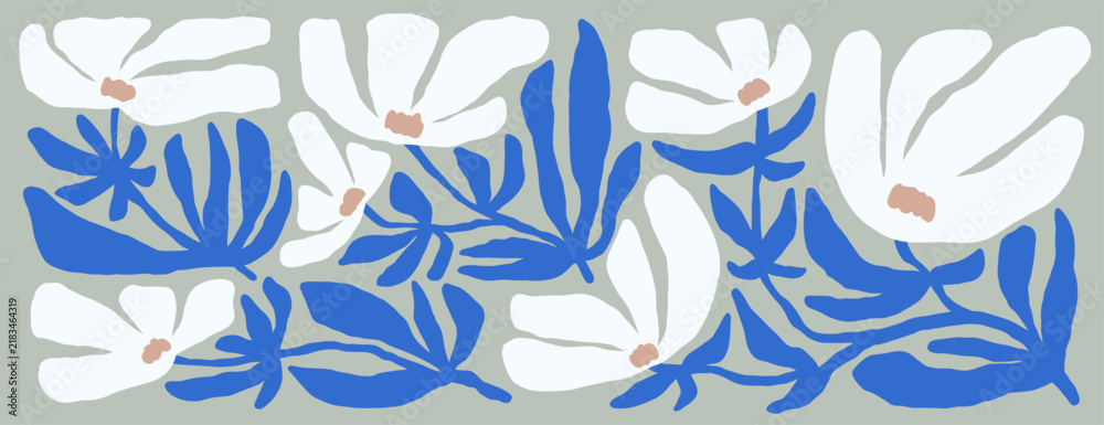 Obraz premium Flowers pattern, abstract spring background. Modern flower illustration. Spring floral pattern. Cute summer nature shapes, botanical composition, naive flora background. Flat vector illustration