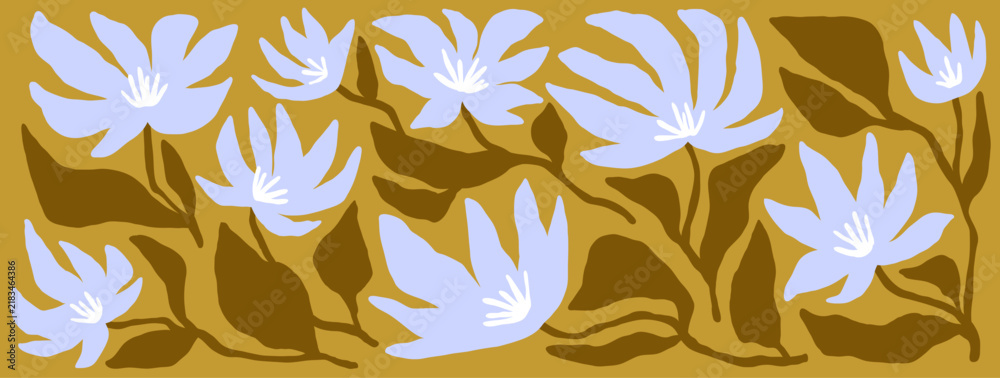 Obraz premium Flower pattern, floral background, abstract nature design. Retro floral art composition, organic botanical pattern with flowers, leaves. Creative fall season plants, nature. Flat vector illustration