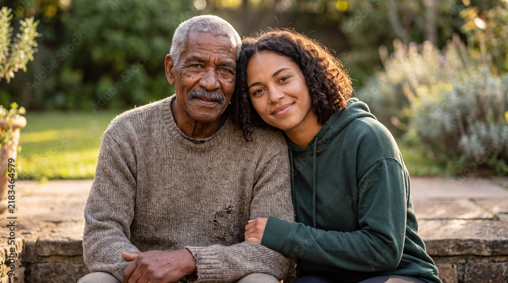 Fototapeta premium Grandfather and granddaughter embracing outdoors, showing intergenerational bond and diverse family love