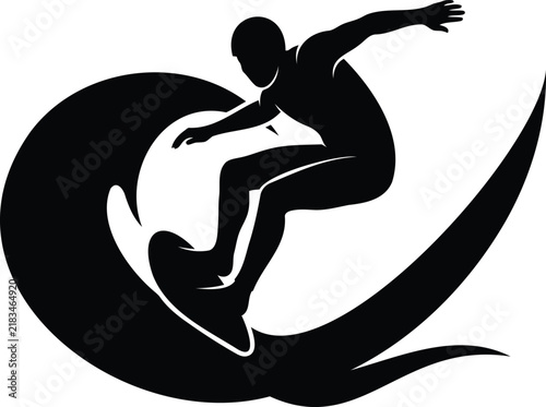 Black silhouette of a surfer riding a wave with arms outstretched, isolated on a white background, representing surfing and ocean water sports