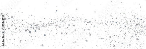 Wide wave of silver star confetti on white background. Abstract magical stardust pattern. Copy space for text