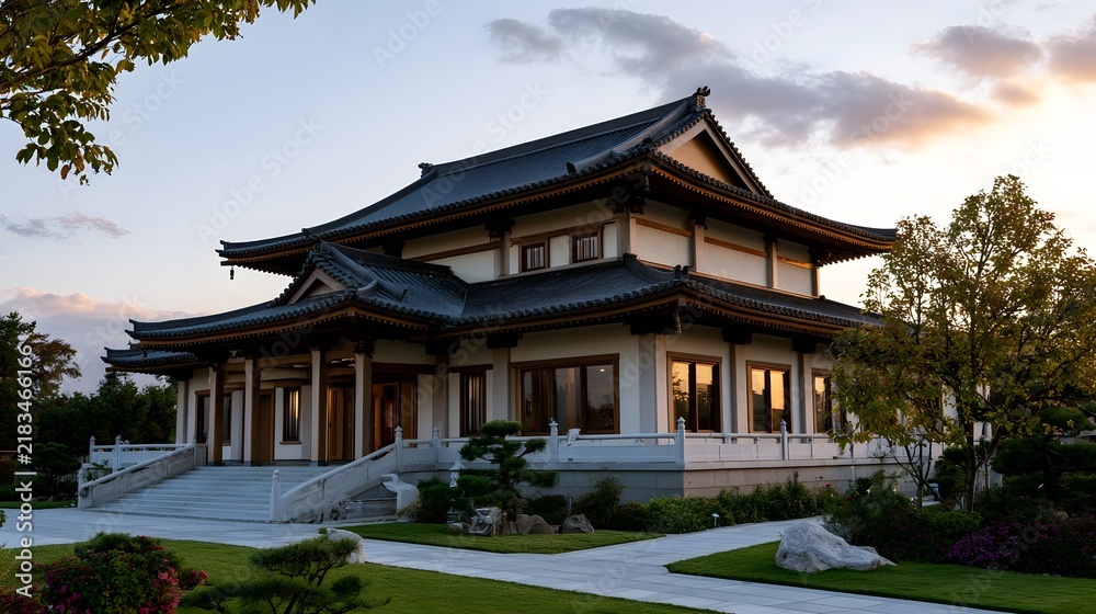 Obraz premium A traditional East Asian style building with tiered roof and stone staircase set in landscaped garden during sunset