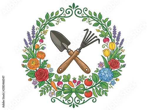 Vibrant floral wreath with crossed gardening tools, including a trowel and hand rake, surrounded by colorful flowers, leaves, and vegetables like carrots and tomatoes.