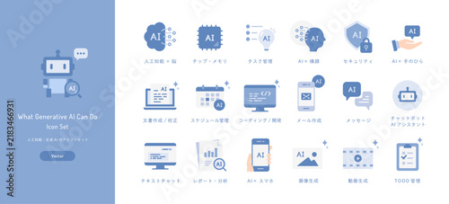 Obraz na plátne 生成AIでできることをイメージした人工知能のベクターアイコンセット（ビジネス・テクノロジー）フラットデザイン・ブルー