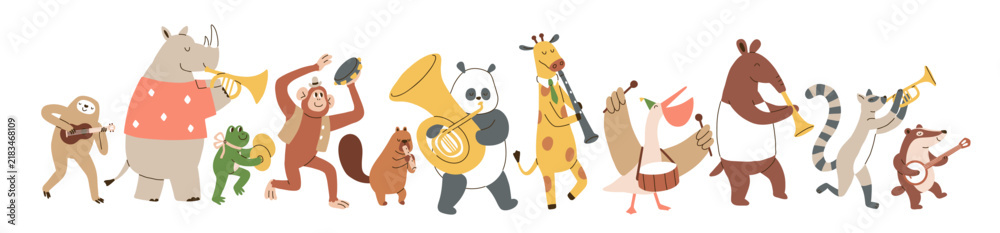 Obraz premium Cute animals playing music instruments, marching parade. Cute animals musicians, characters. Music band performance, concert, orchestra. Funny monkey, panda, frog musicians. Flat vector illustration